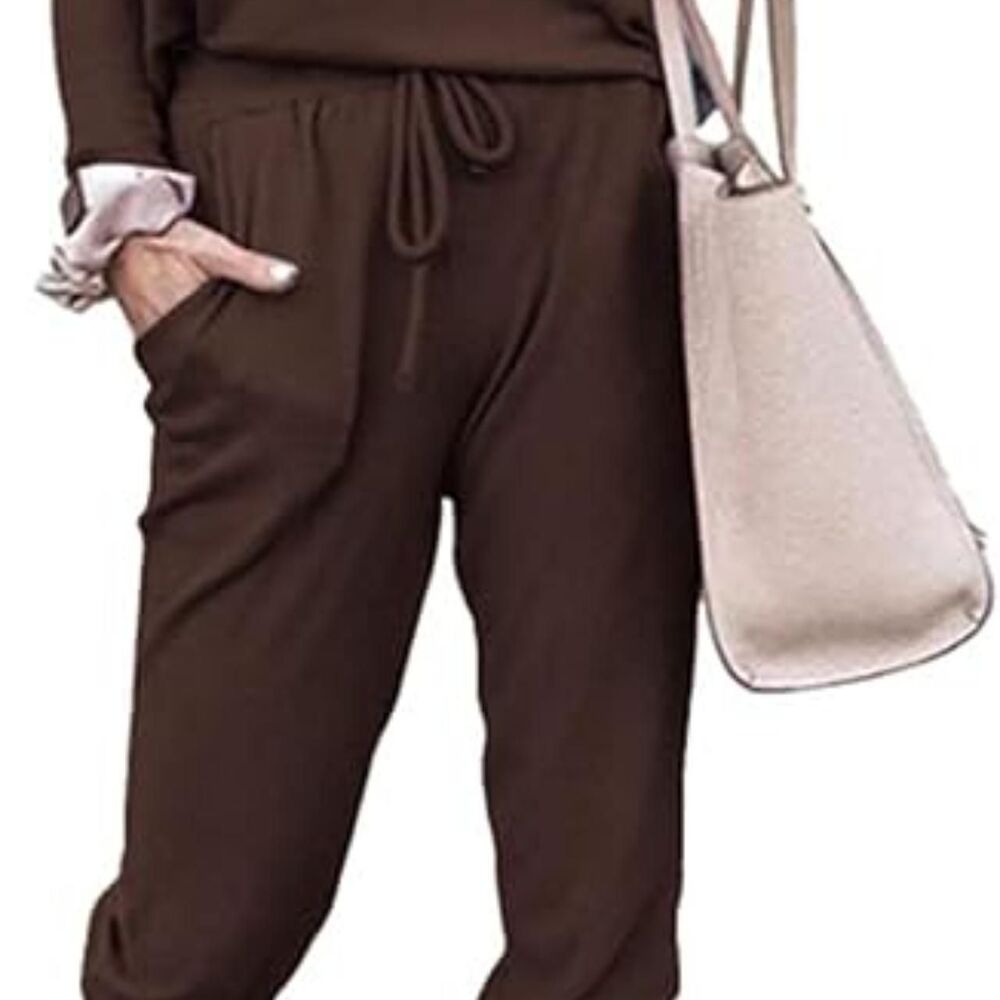 Cozy Chic Brown Jogger Pants High Waist Drawstring Lounge Sweatpants Casual Trav